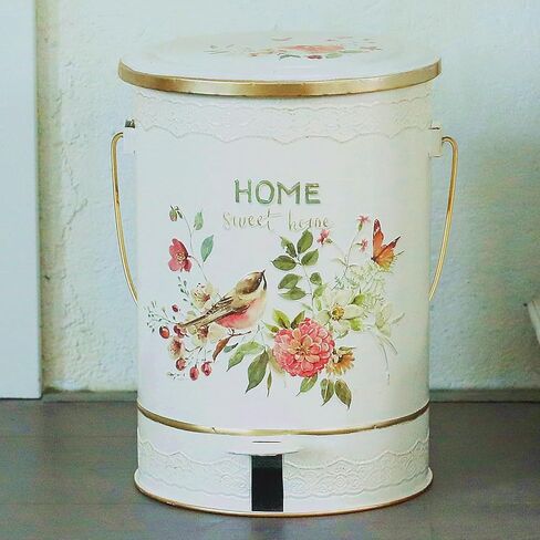 سلة مهملات المطبخ Z&Z الرجعية مع غطاء 10 لتر/2.7 جالون ودواسة علب قمامة مستديرة بدون لمس مع أنماط الزهور والطيور سلة المهملات الخارجية للمطبخ والحديقة والزهرة الذهبية in Kuwait