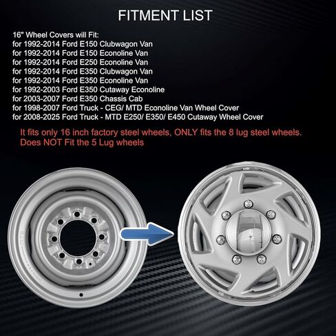 أغطية عجلات الكروم متوافقة مع Ford Van E150 E250 E350 1992-2014؛ Ford Truck 1998-2025 16 بوصة 8 العروة 16 بوصة أغطية العجلات الفولاذية مجموعة من 4 عبوات (كروم وفضي) in Saudi Arabia