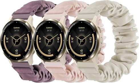 أربطة سكرانشي قابلة للتمدد متوافقة مع Garmin Venu 3S/Venu 2S، شريط مطاطي رياضي من النايلون 18 مم لـ Vivoactive 4S/Vivomove 3S/Forerunner 255S/Forerunner 265S للنساء والرجال (3 عبوات) in Kuwait