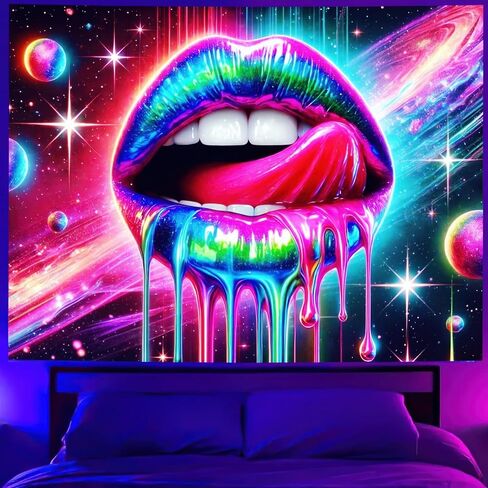 BlissYard Blacklight Tapestry UV Reactive Tapestry Wall Hanging 78x59 Inches Cosmic Rainbow Lips Wall Hanging, Fluorescent Art Decoration for Bedroom, Living Room, and Parties in Saudi Arabia
