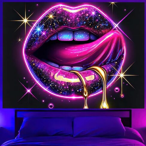 BlissYard Blacklight Tapestry UV Reactive Tapestry Wall Hanging 78x59 Inches Cosmic Rainbow Lips Wall Hanging, Fluorescent Art Decoration for Bedroom, Living Room, and Parties in Saudi Arabia