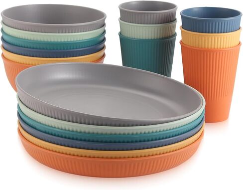 Plastic Plates and Bowls Sets, 18pcs Unbreakable Camping Dinner Set for 6, Reusable, Microwave & Dishwasher Safe Dinner Set, for Kitchen Outdoor Travel Camping Picnic Party in Saudi Arabia