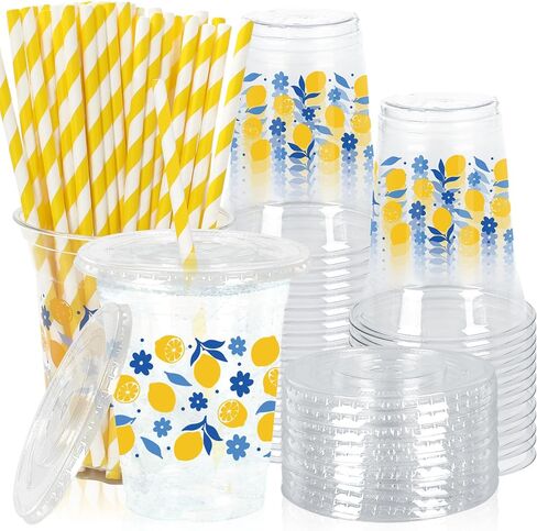 JarThenaAMCS 50 Pcs Summer Lemon Plastic Cups Disposable Cups with Lids Straws 12 Oz Pink Yellow Lemon Flower Clear Plastic Cup for Summer Party Supplies in Saudi Arabia