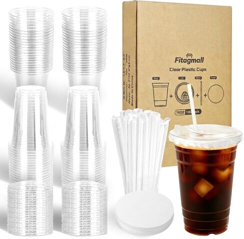 100 Packs 16oz Clear Plastic Cups with Lids, Straws, and Leak-Proof Paper - Complete To-Go Disposable Cup Kit for Iced Coffee, Smoothies,Cold Drinks & Boba Tea in Saudi Arabia
