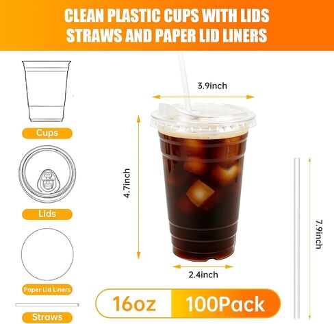 100 Packs 16oz Clear Plastic Cups with Lids, Straws, and Leak-Proof Paper - Complete To-Go Disposable Cup Kit for Iced Coffee, Smoothies,Cold Drinks & Boba Tea in Saudi Arabia