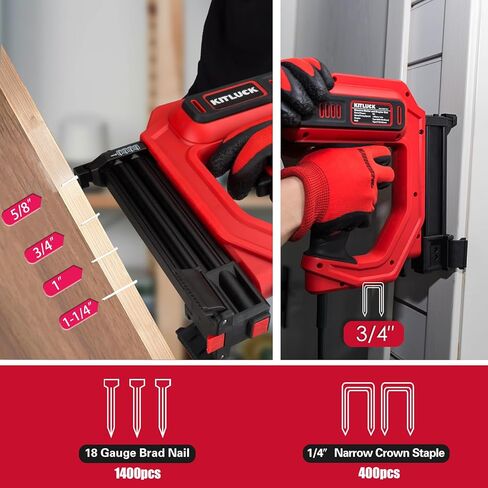 KITLUCK Brad Nailer، مسدس كهربائي 2 في 1 120 فولت / مسدس أظافر مع 1400 قطعة من المسامير المستقيمة مقاس 18 و400 قطعة من دبابيس التاج الضيقة للأعمال الخشبية، والمشروعات اليدوية، والنجارة والمفروشات الخفيفة in Kuwait