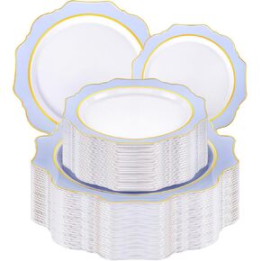 WDF 200PCS Ivory Plastic Plates with Gold Rim - Cream Plastic Plates - Include 100 Dinner & 100 Dessert Fancy Disposable Plate for Party - Heavy Duty Plate for Wedding/Baby Shower/Spring/Mother's Day in Kuwait