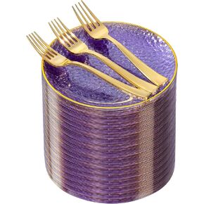 DaYammi 240Pcs Gold Plastic Plates Including 120Pcs Dessert Plates and 120Pcs Cake Forks,Hammered Party Plate,Clear Gold Appetizer plates Heavy duty Disposable Plastic Plate for Party Wedding Birthday in Saudi Arabia