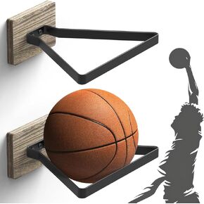 Basketball Holder Wall Mount with Wooden Base, MYKASEN Ball Storage Holder Display Rack for Basketball Soccer Volleyball, Boys Sports Accessories Organizer for Player Fans Room Decor in Kuwait