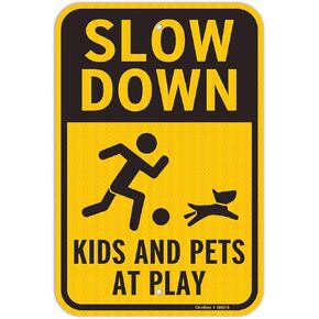 علامة GicnKeuz Slow Down للأطفال والحيوانات الأليفة عند اللعب، 18 × 12 بوصة للأطفال البطيئين في اللعب للشوارع والأحياء، ألومنيوم عاكس من الدرجة الهندسية، مقاوم للصدأ ومقاوم للبهتان، للاستخدام في الهواء الطلق. (2 حزمة) in Kuwait