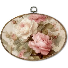 Vintage Pink Rose Round Wall Art Framed, Vintage Floral Wall Decor, Shabby Chic Rose Hanging Canvas Prints Wall Sculptures for Farmhouse Home Living Room Bedroom Decor, 10x10 Inch in Saudi Arabia
