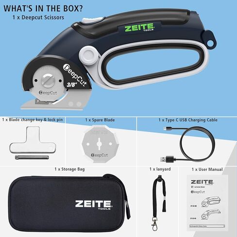 ZEITE Deepcut 3/8" Electric Cardboard Cutter,Cordless Scissors with LED Light,Storage Box,Rechargeable Powerful Rotary Box Cutter with 2 Blades for Thick Cardboard, Fabric, Carpet, Leather in Kuwait