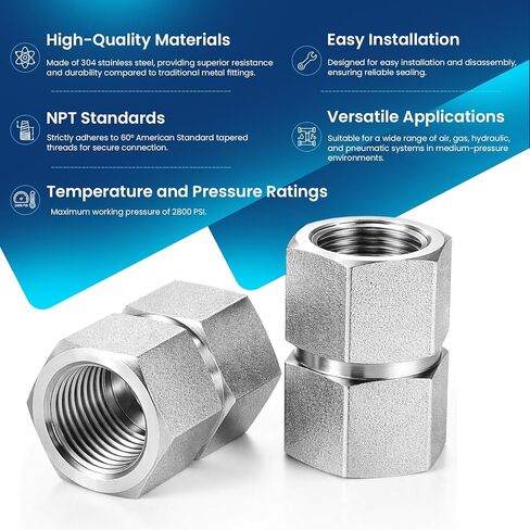 وصلة سداسية أنثى NPT مقاس 3/4 بوصة × 3/4 بوصة - وصلة أنابيب أنثى مزدوجة من الفولاذ المقاوم للصدأ 304 ملائمة لضاغط الهواء وخط غاز الماء الهيدروليكي 4500 رطل لكل بوصة مربعة شديدة التحمل (عبوة واحدة) in Kuwait