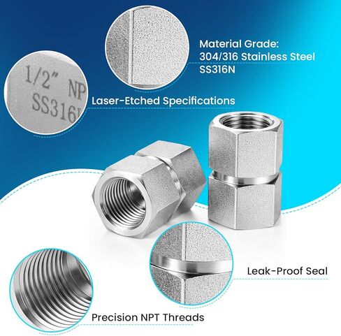 وصلة سداسية أنثى NPT مقاس 3/4 بوصة × 3/4 بوصة - وصلة أنابيب أنثى مزدوجة من الفولاذ المقاوم للصدأ 304 ملائمة لضاغط الهواء وخط غاز الماء الهيدروليكي 4500 رطل لكل بوصة مربعة شديدة التحمل (عبوة واحدة) in Kuwait
