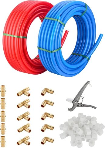 EFIELD 3/4 Inch Pex-A Tubing 100 ft Blue +100 ft Red, Pipe Cutter, 15 PCS 3/4-inch Pex Brass Expansion Fitting (Coupler, Elbow, Tee 5 PCS/each), 50 Pcs 3/4-inch Expansion Rings,(YRB99) in Saudi Arabia