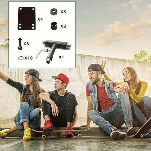 أداة لوح تزلج متعددة الوظائف، ملحق لوح تزلج محمول على شكل حرف T، مفك براغي متقاطع على شكل حرف L، 4 فواصل، 8 أزواج من مسامير الجسر 29 مم، 8 أكمام سوداء، 8 صواميل جانبية سوداء M8 in Saudi Arabia
