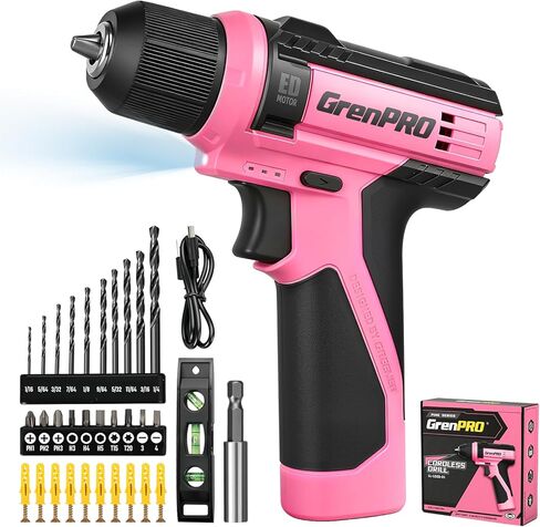 مثقاب لاسلكي GRENPRO 8 فولت، مجموعة مثقاب كهربائي مع 43 قطعة ملحقات، ظرف بدون مفتاح 3/8 بوصة، مصباح LED مدمج، كابل شحن من النوع C، مجموعة مثقاب وردية للنساء، حفر وشد/فك البراغي، أدوات منزلية ذاتية الصنع in Kuwait