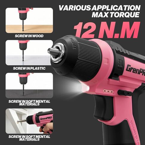 مثقاب لاسلكي GRENPRO 8 فولت، مجموعة مثقاب كهربائي مع 43 قطعة ملحقات، ظرف بدون مفتاح 3/8 بوصة، مصباح LED مدمج، كابل شحن من النوع C، مجموعة مثقاب وردية للنساء، حفر وشد/فك البراغي، أدوات منزلية ذاتية الصنع in Kuwait