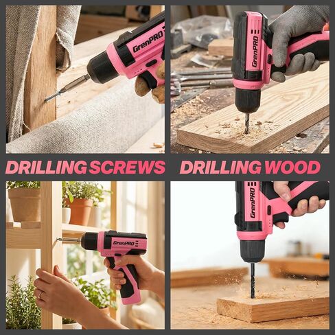 مثقاب لاسلكي GRENPRO 8 فولت، مجموعة مثقاب كهربائي مع 43 قطعة ملحقات، ظرف بدون مفتاح 3/8 بوصة، مصباح LED مدمج، كابل شحن من النوع C، مجموعة مثقاب وردية للنساء، حفر وشد/فك البراغي، أدوات منزلية ذاتية الصنع in Kuwait