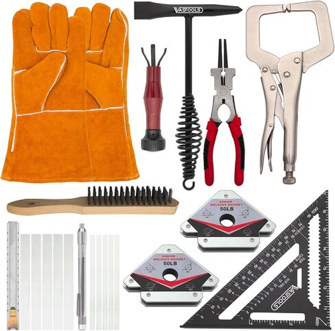 أدوات لحام VASTOOLS MIG، 10 قطع، مطرقة تقطيع، قفازات لحام جلدية، مربع السرعة، مشبك لحام، حامل حجر الصابون، مغناطيس لحام، كماشة ويلبرز، مخرطة فوهة MIG، فرشاة سلكية in Kuwait