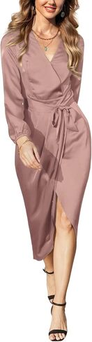 Women's V Neck Long Sleeve Midi Dress Lantern Sleeve Wrap Satin Silk Sexy Dresses in Saudi Arabia