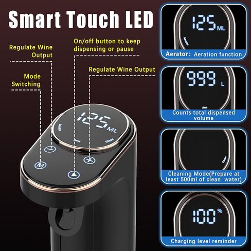مهوية النبيذ الكهربائية، موزع النبيذ القابل لإعادة الشحن، صب كمية 1-999 مل، شاشة لمس LED ذاتية التنظيف، أداة صب النبيذ الأوتوماتيكية هدية مثالية لمحبي النبيذ من النساء والرجال in Kuwait