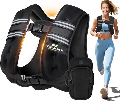 سترة PodiuMax المرجحة للنساء، 6 رطل/8 رطل/12 رطل/16 رطل/20 رطل/25 رطل/30 رطل مع أشرطة قابلة للتعديل وحقيبة هاتف، مقاس مريح، سترة نسائية مرجحة للمشي، تدريب القوة، الجري، بناء العضلات، فقدان الوزن in Saudi Arabia