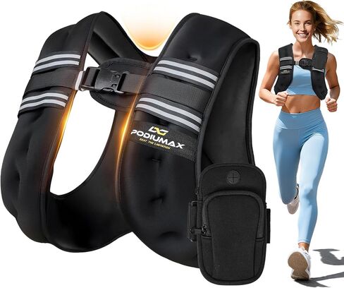 سترة PodiuMax المرجحة للنساء، 6 رطل/8 رطل/12 رطل/16 رطل/20 رطل/25 رطل/30 رطل مع أشرطة قابلة للتعديل وحقيبة هاتف، مقاس مريح، سترة نسائية مرجحة للمشي، تدريب القوة، الجري، بناء العضلات، فقدان الوزن in Kuwait