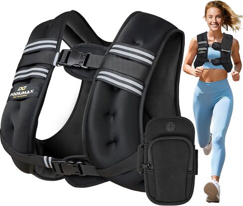 سترة PodiuMax المرجحة للنساء، 6 رطل/8 رطل/12 رطل/16 رطل/20 رطل/25 رطل/30 رطل مع أشرطة قابلة للتعديل وحقيبة هاتف، مقاس مريح، سترة نسائية مرجحة للمشي، تدريب القوة، الجري، بناء العضلات، فقدان الوزن in Kuwait