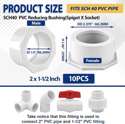 10 قطع 2 بوصة × 1-1/2 بوصة وصلة أنابيب جلبة مخفض PVC لتوصيل السباكة (حنفية × مقبس) ضغط PVC Sch 40 متين للاستخدام المنزلي أو الصناعي in Kuwait