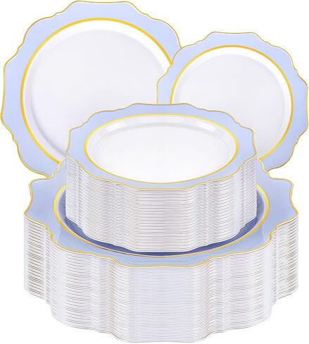 WDF 200PCS Ivory Plastic Plates with Gold Rim - Cream Plastic Plates - Include 100 Dinner & 100 Dessert Fancy Disposable Plate for Party - Heavy Duty Plate for Wedding/Baby Shower/Spring/Mother's Day in Kuwait
