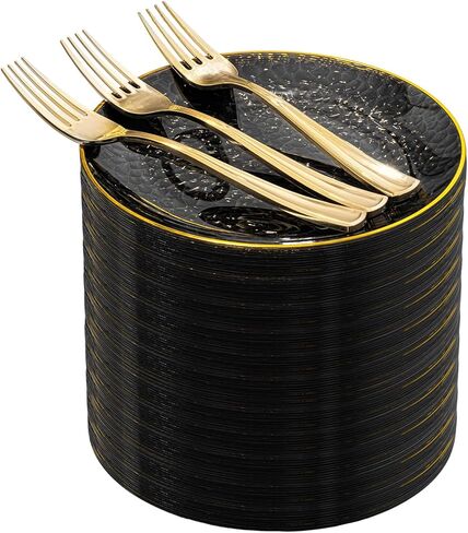 DaYammi 240Pcs Gold Plastic Plates Including 120Pcs Dessert Plates and 120Pcs Cake Forks,Hammered Party Plate,Clear Gold Appetizer plates Heavy duty Disposable Plastic Plate for Party Wedding Birthday in Saudi Arabia