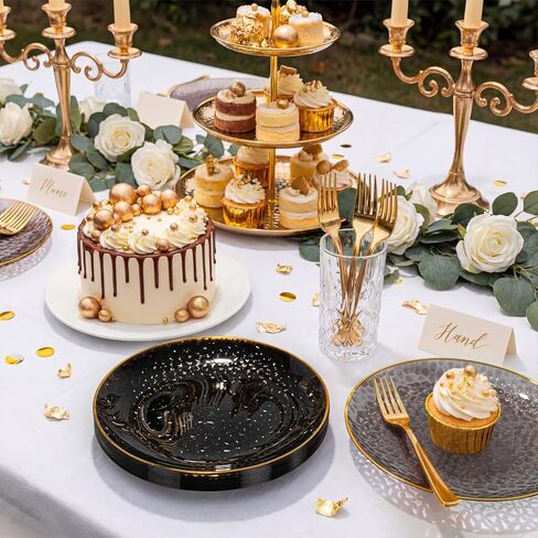 DaYammi 240Pcs Gold Plastic Plates Including 120Pcs Dessert Plates and 120Pcs Cake Forks,Hammered Party Plate,Clear Gold Appetizer plates Heavy duty Disposable Plastic Plate for Party Wedding Birthday in Saudi Arabia