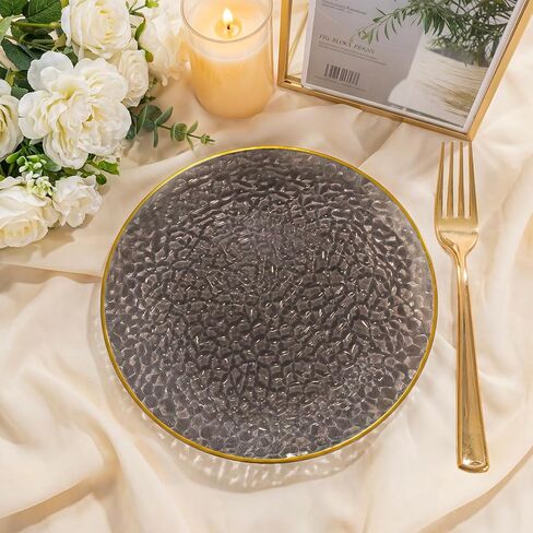 DaYammi 240Pcs Gold Plastic Plates Including 120Pcs Dessert Plates and 120Pcs Cake Forks,Hammered Party Plate,Clear Gold Appetizer plates Heavy duty Disposable Plastic Plate for Party Wedding Birthday in Saudi Arabia