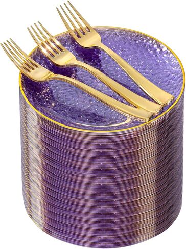 DaYammi 240Pcs Gold Plastic Plates Including 120Pcs Dessert Plates and 120Pcs Cake Forks,Hammered Party Plate,Clear Gold Appetizer plates Heavy duty Disposable Plastic Plate for Party Wedding Birthday in Saudi Arabia