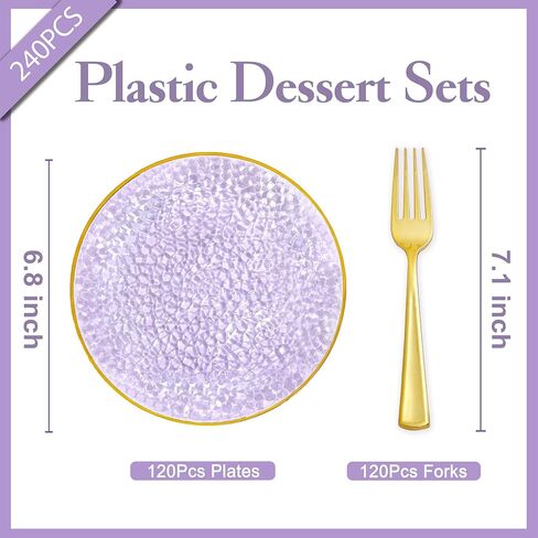DaYammi 240Pcs Gold Plastic Plates Including 120Pcs Dessert Plates and 120Pcs Cake Forks,Hammered Party Plate,Clear Gold Appetizer plates Heavy duty Disposable Plastic Plate for Party Wedding Birthday in Saudi Arabia
