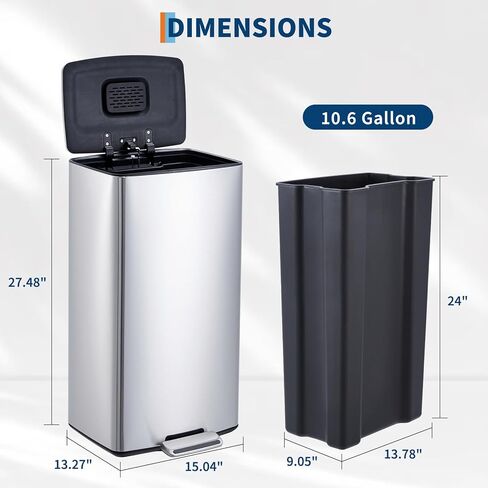 GarveeTech 10.6 Gallon Kitchen Trash Can with Soft Close Lid, 40 Liter Stainless Steel Garbage Can with Removable Inner Bucket and Odor Filter, Step On Waste Bin for Home Living Room Office, Silver in Saudi Arabia
