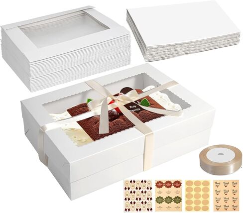 Aufind 12pcs Cake Boxes with Cake Board, 14x10x4 Inches White Bakery Boxes with Large Window for Quarter Sheet Cakes, Donuts, Cupcakes, Pastry & Pies in Kuwait