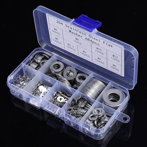 684PCS Stainless Steel Flat Washer M2 M2.5 M3 M4 M5 M6 M8 M10 Plain Washer Gaskets Metal Washers Rings Screw Assortment Kits in Saudi Arabia