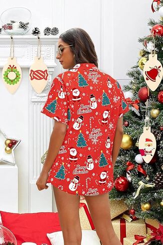 عيد الميلاد قميص المرأة سنة جديدة سعيدة عيد الميلاد تي شيرت مضحك شجرة عيد الميلاد منقوشة الجرافيك المحملة زر أسفل بلوزة قصيرة الأكمام أعلى in Saudi Arabia