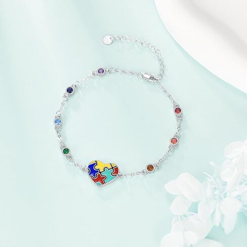 Autism Awareness Bracelet 925 Sterling Silver 7 Chakra Puzzle Piece Heart Shape Bracelet ASD Autism Jewelry Gifts for Women in Saudi Arabia