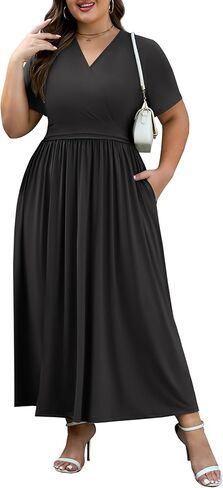 فساتين ماكسي بمقاسات كبيرة للنساء ذوات القوام القصير وأكمام قصيرة ورقبة على شكل حرف V مع جيوب in Kuwait