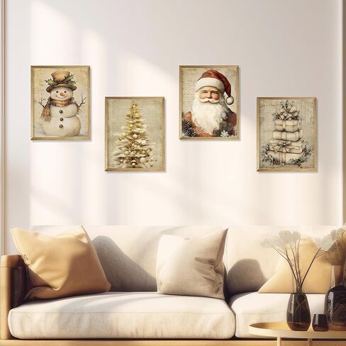 YQDEJ Vintage Christmas Santa Bow Bell Wreath Wall Art Prints Set of 4, Pink Christmas Wall Decor for Living Room, 8x10 Inches Unframed in Saudi Arabia