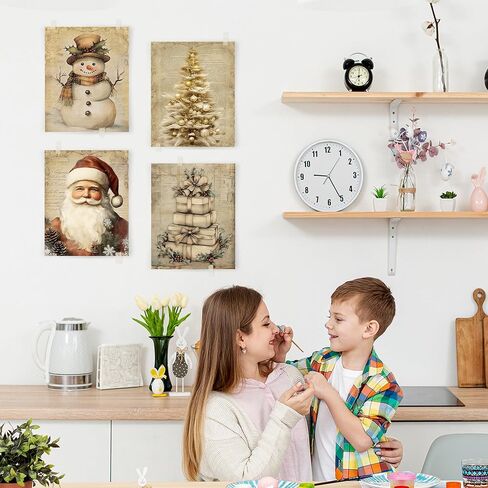 YQDEJ Vintage Christmas Santa Bow Bell Wreath Wall Art Prints Set of 4, Pink Christmas Wall Decor for Living Room, 8x10 Inches Unframed in Saudi Arabia