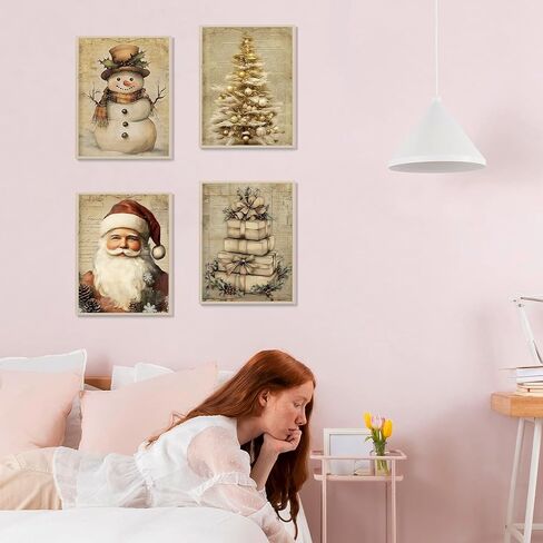 YQDEJ Vintage Christmas Santa Bow Bell Wreath Wall Art Prints Set of 4, Pink Christmas Wall Decor for Living Room, 8x10 Inches Unframed in Saudi Arabia