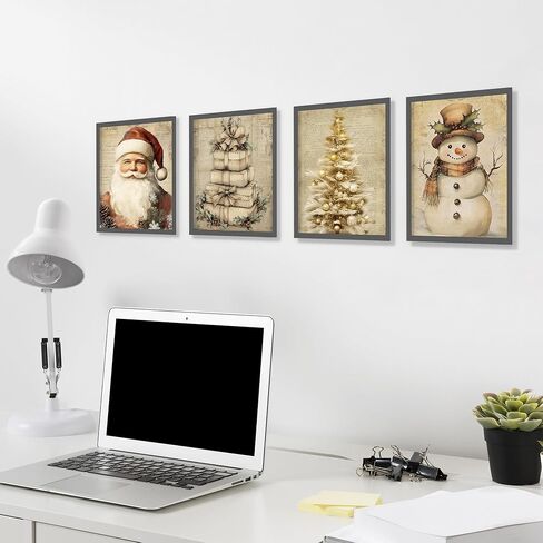 YQDEJ Vintage Christmas Santa Bow Bell Wreath Wall Art Prints Set of 4, Pink Christmas Wall Decor for Living Room, 8x10 Inches Unframed in Saudi Arabia