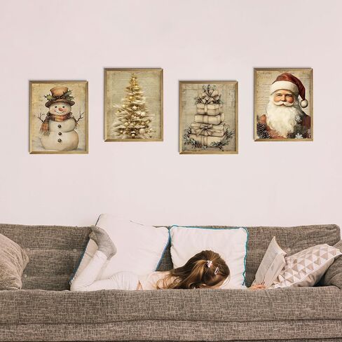 YQDEJ Vintage Christmas Santa Bow Bell Wreath Wall Art Prints Set of 4, Pink Christmas Wall Decor for Living Room, 8x10 Inches Unframed in Saudi Arabia