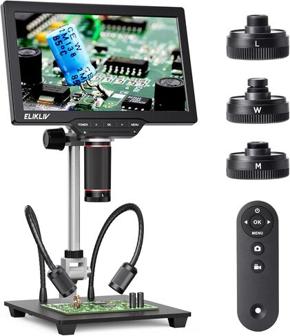 مجهر رقمي من Elikliv 4K: Max Max Max Magnetic 3 Lens Coin Microscope مع عرض 10.1 "IPS ، HDMI/USB الإخراج لحام ثنائي الفينيل متعدد الكلور ، جمع العملة المعدنية ، 10" حامل ، عن بُعد و 64 جيجابايت in Saudi Arabia
