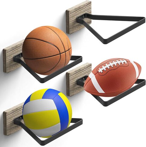 Basketball Holder Wall Mount with Wooden Base, MYKASEN Ball Storage Holder Display Rack for Basketball Soccer Volleyball, Boys Sports Accessories Organizer for Player Fans Room Decor in Kuwait