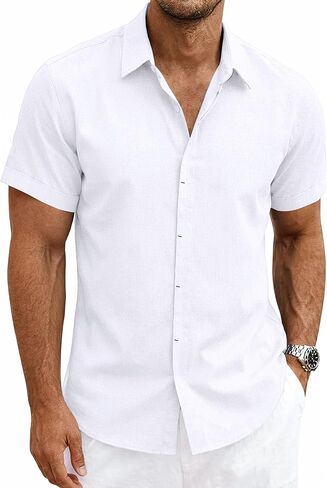 Mens Linen Shirts Short Sleeve Casual Shirt Button Down Summer Beach Vacation Tops Men Casual Dress Shirts Breathable in Saudi Arabia